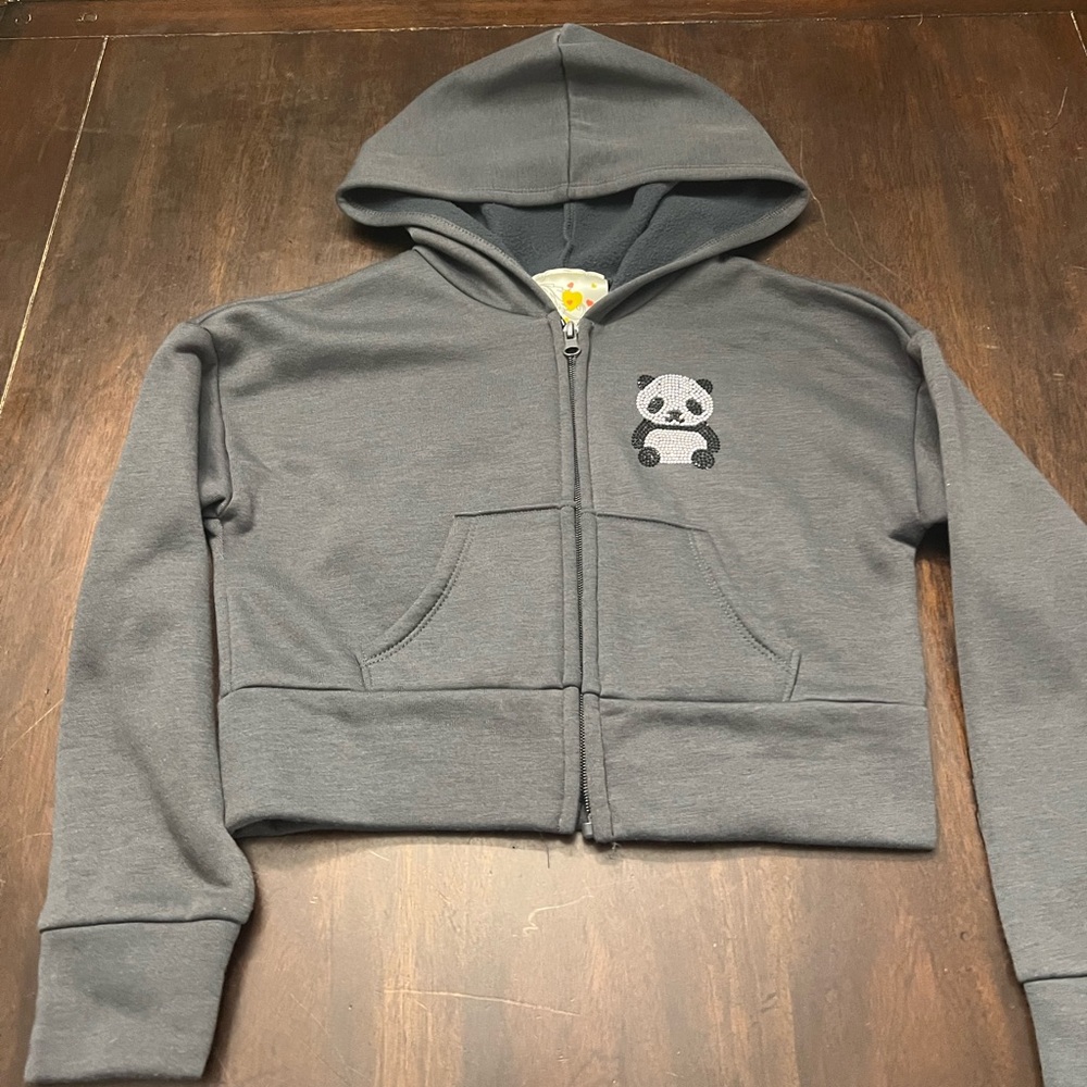 Gray Panda Kids Cropped Full Zip Hoodie